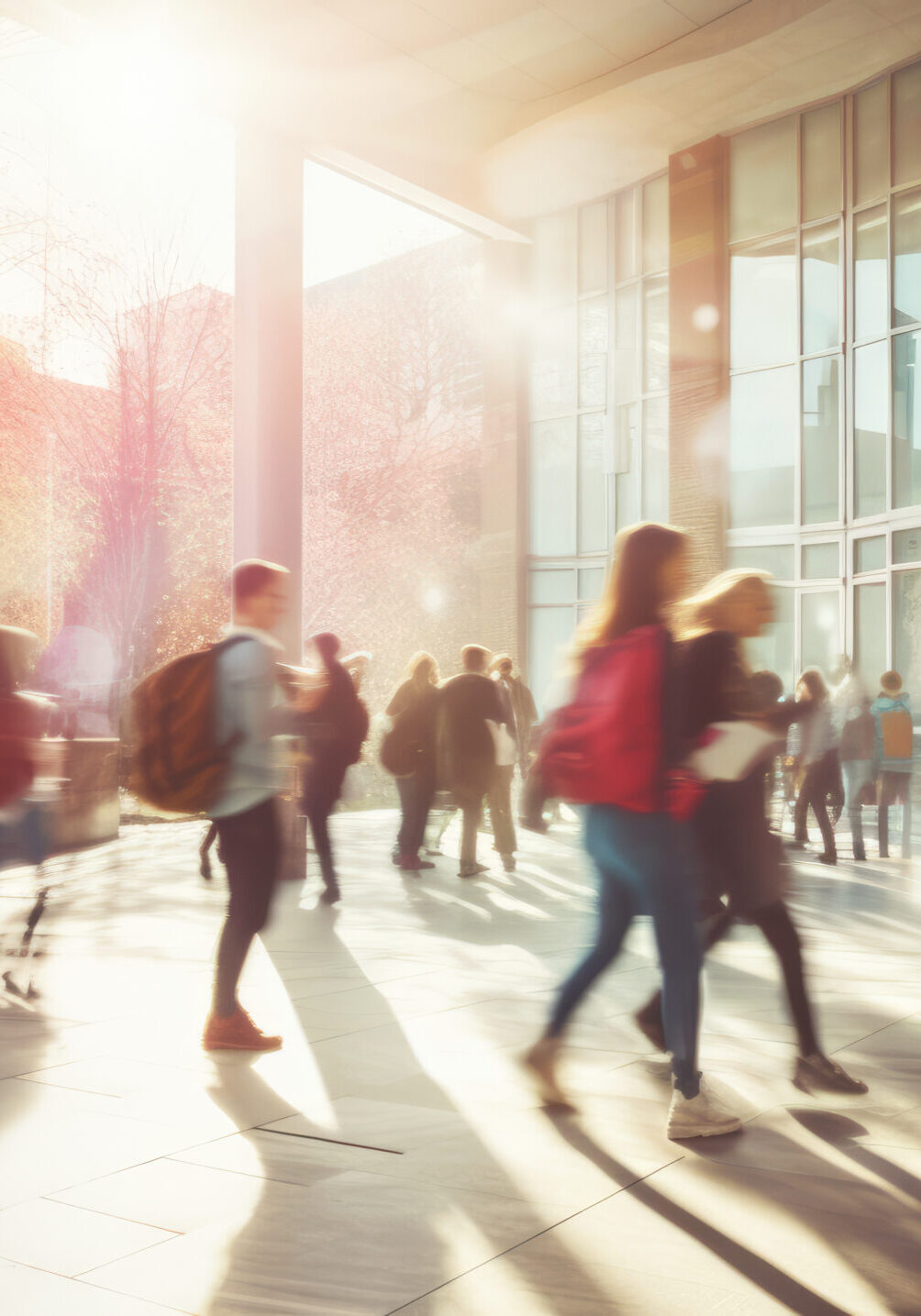 Students walking to class in a university or college environment. Moving crowd motion blurred background.